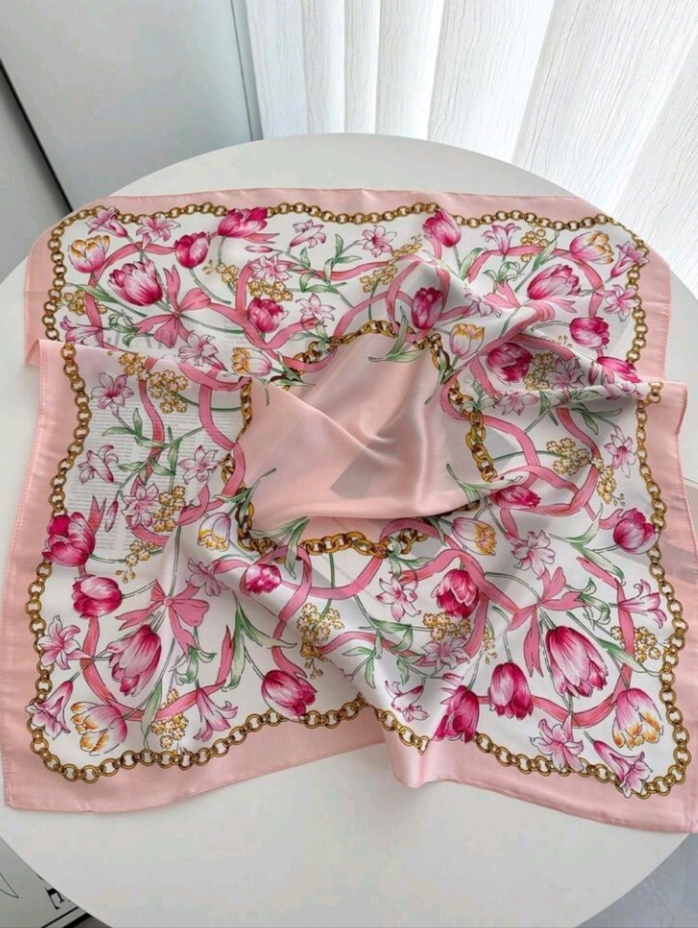 Pink Floral Bows Chains Print Satin Scarf Summer Beach Vacation Festival Travel